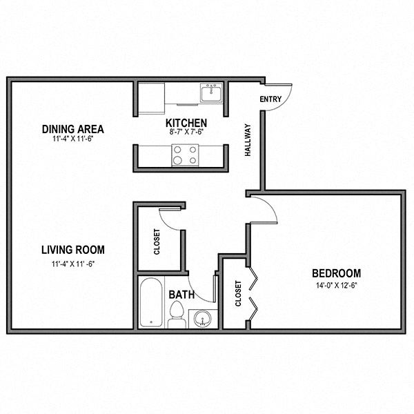 Floor plan for 1 bed, 1 bath, 688 sqft